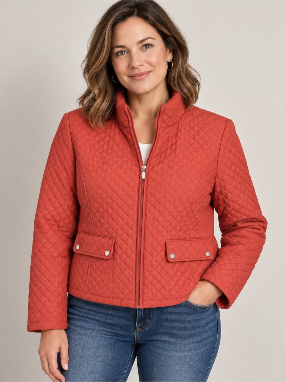 Jane Ashley Women’s L Coral Quilted Jacket Full Zip Snap Pockets Lightweight